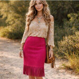 Cusp By Neiman Marcus Women's Suede Leather Midi Pencil Skirt Boho Chic Sz L